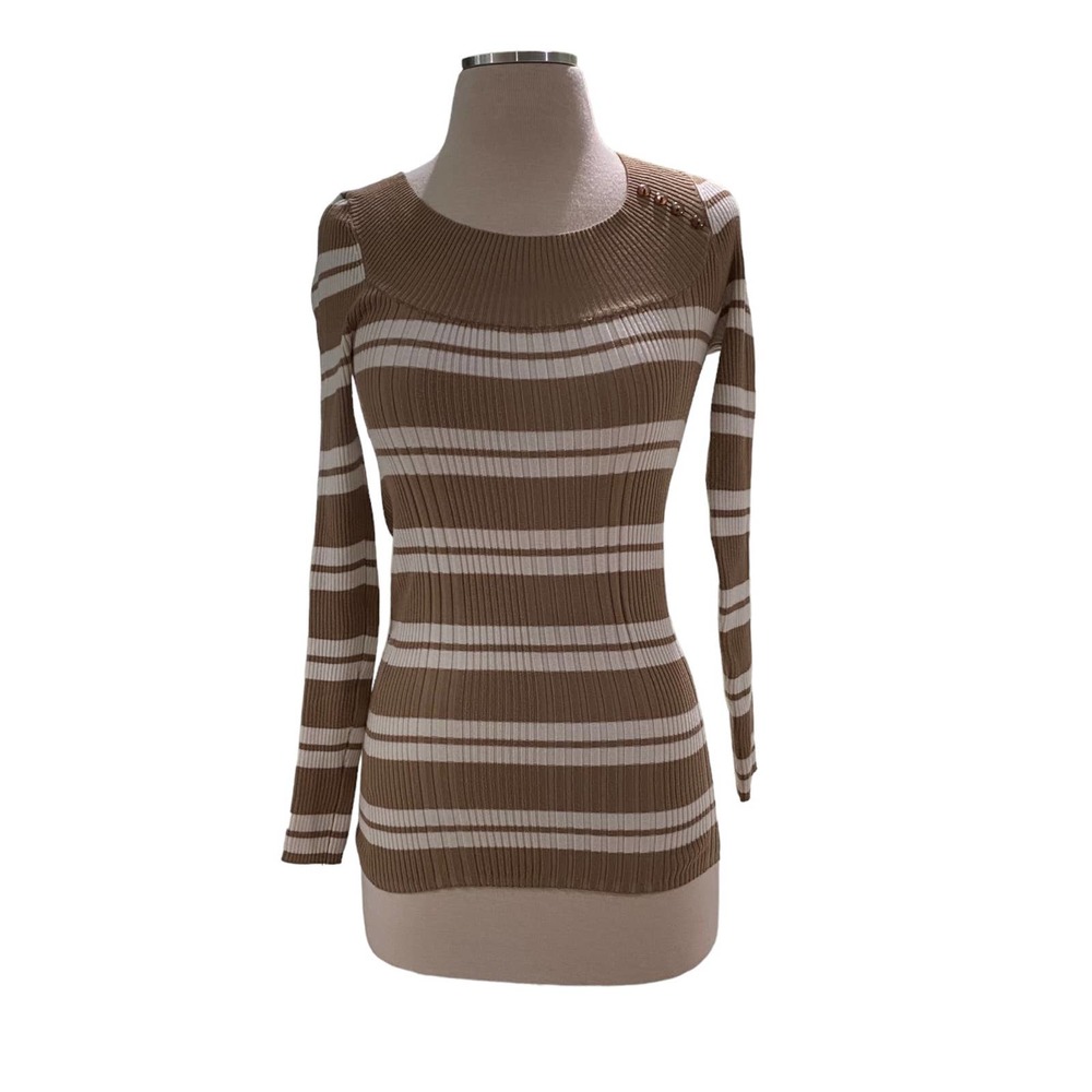 Women's Brown & White Striped Long Sleeve Sweater
